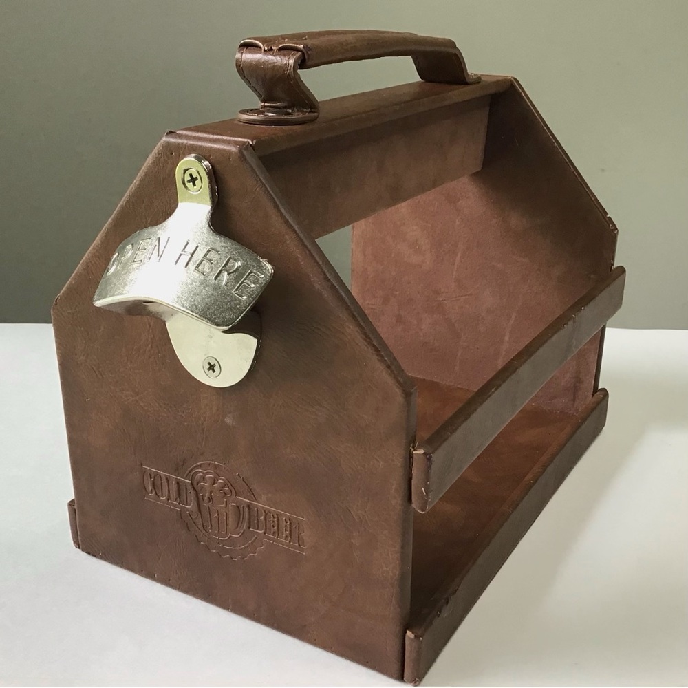 Beer Caddy with Attached Bottle Opener and Pocket Brown Faux Leather “Cold Beer”